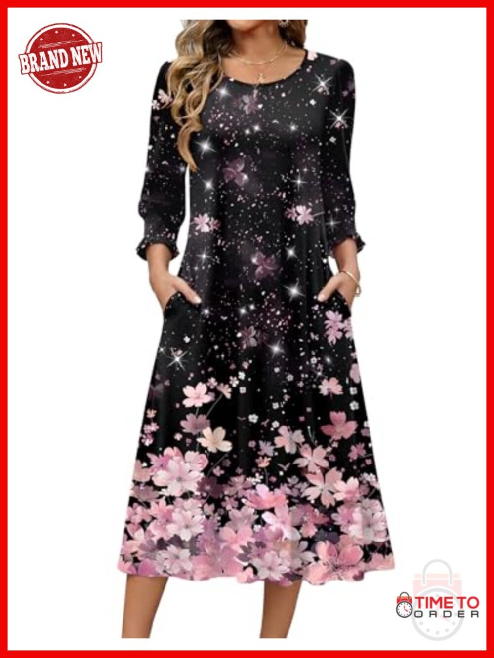 Zeagoo Womens Midi Dress 3/4 Sleeve Floral Casual A-Line with Pockets